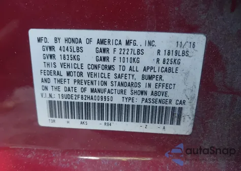 2017 Acura Ilx Premium A-Spec Packages/Technology Plus A-Spec Packages from USA, damaged, VIN 19UDE2F82HA009950